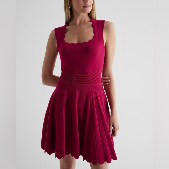 Express Square Neck Scalloped Mini Fit and Flare Sweater Dress XL - Picture 5 of 8